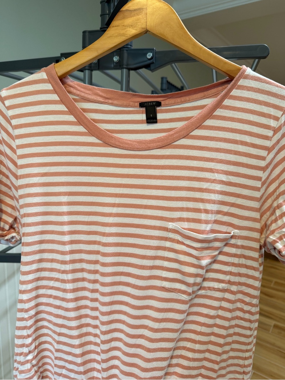 J.Crew Coral White Striped Short Sleeve Pocket Tee (Small)